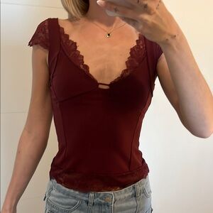 Free People Lace Trim Burgundy Top